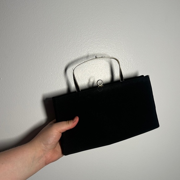 vintage 90s after five black clutch with collapsible gold handle - Picture 3 of 12